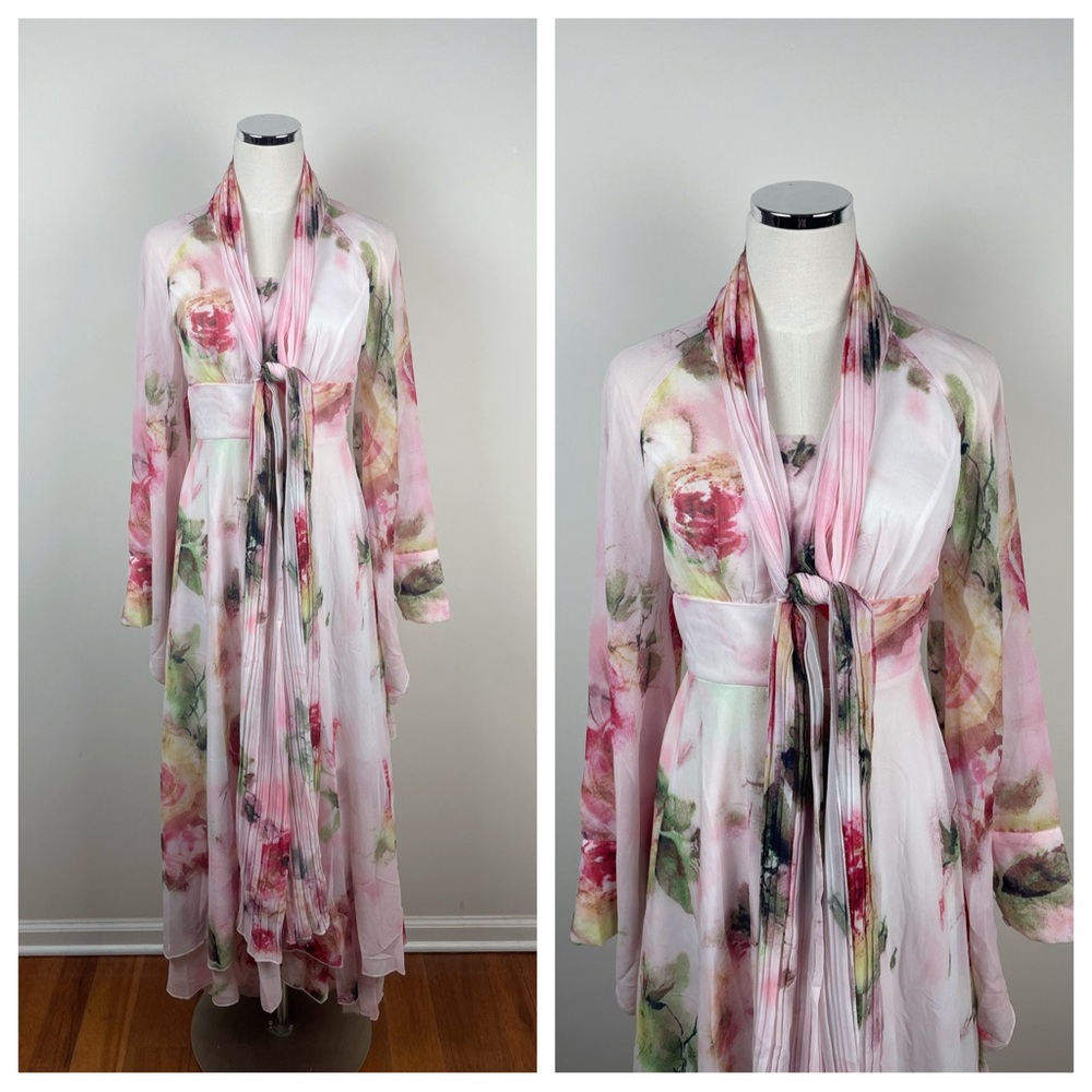 Toleen Dress Pink Red Floral Maxi Long Sleeve Women Small Tropical Glam